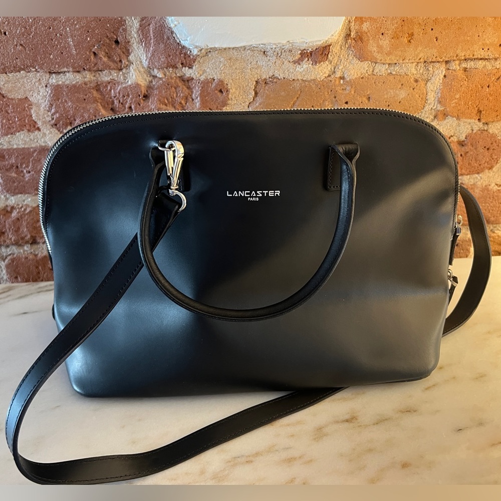 Lancaster Paris Black Smooth Handbag Purse with shoulder strap & silver hardware
